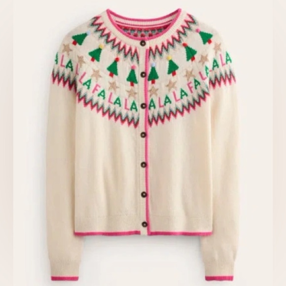 LIKE NEW Boden Edie Fair Isle Christmas Sweater Fa La La Cream Size L